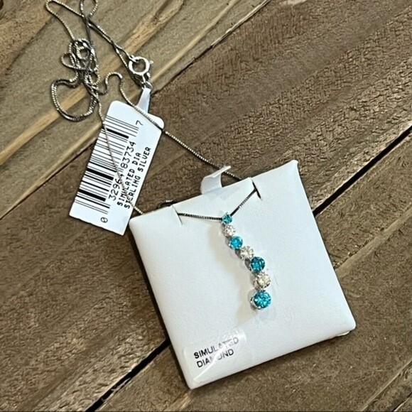 Sterling Silver Simulated Diamond Pendant Necklace - Blue/White - Picture 1 of 10
